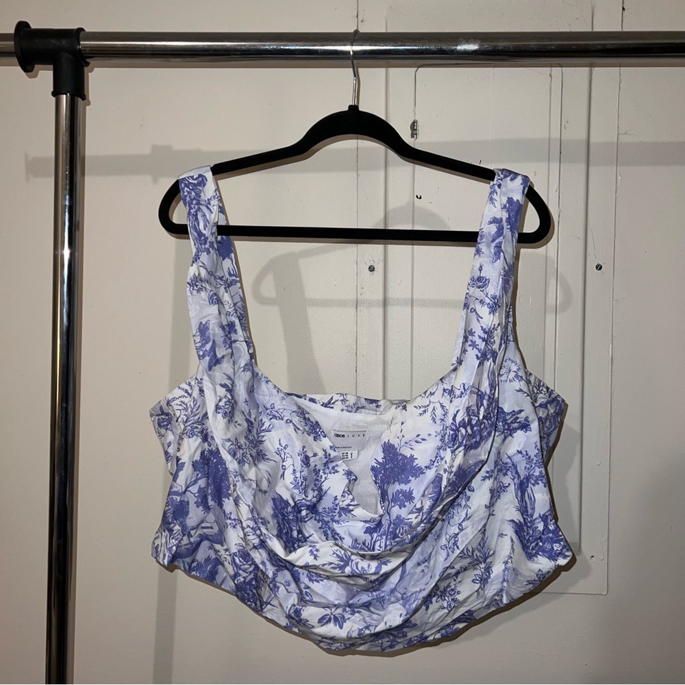 ASOS Luxe US Size 24 Cowl Neck Crop Top Lavender/Blue/White Floral Pattern